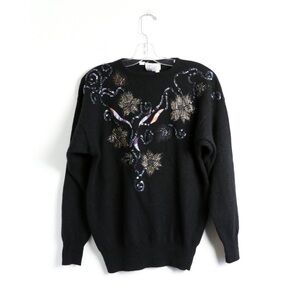 Vintage Beta’s Choice 80s 90s black beaded oversized appliqué sweater lambswool